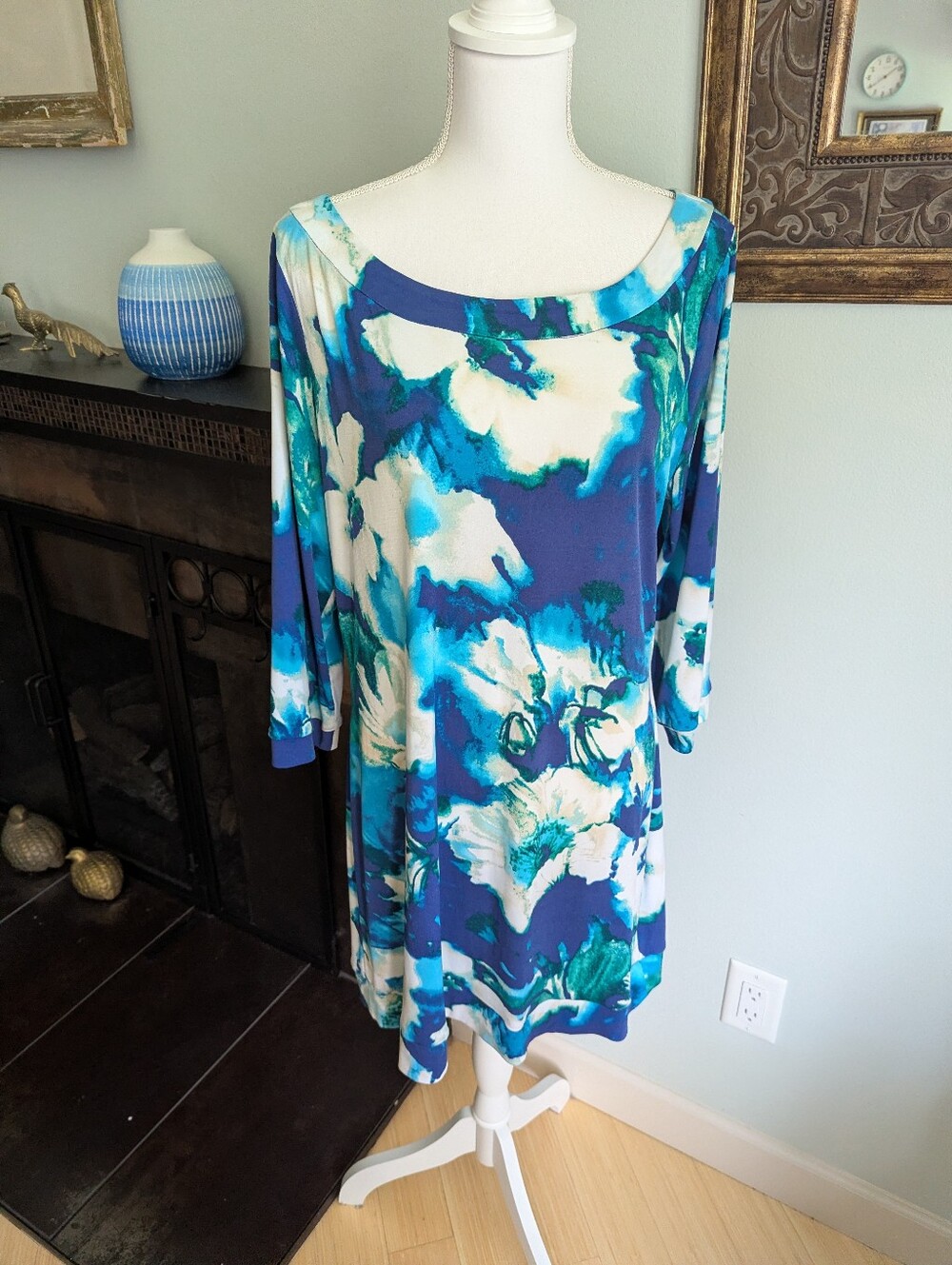 NEW White House Black Market Women's XL Blue Floral Long Tunic/Short Dress NWT